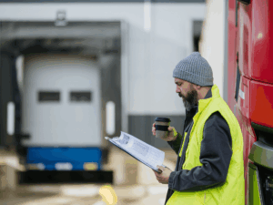 An experienced HGV instructor wearing high vis checks paperwork for HGV training providers in a vehicle yard